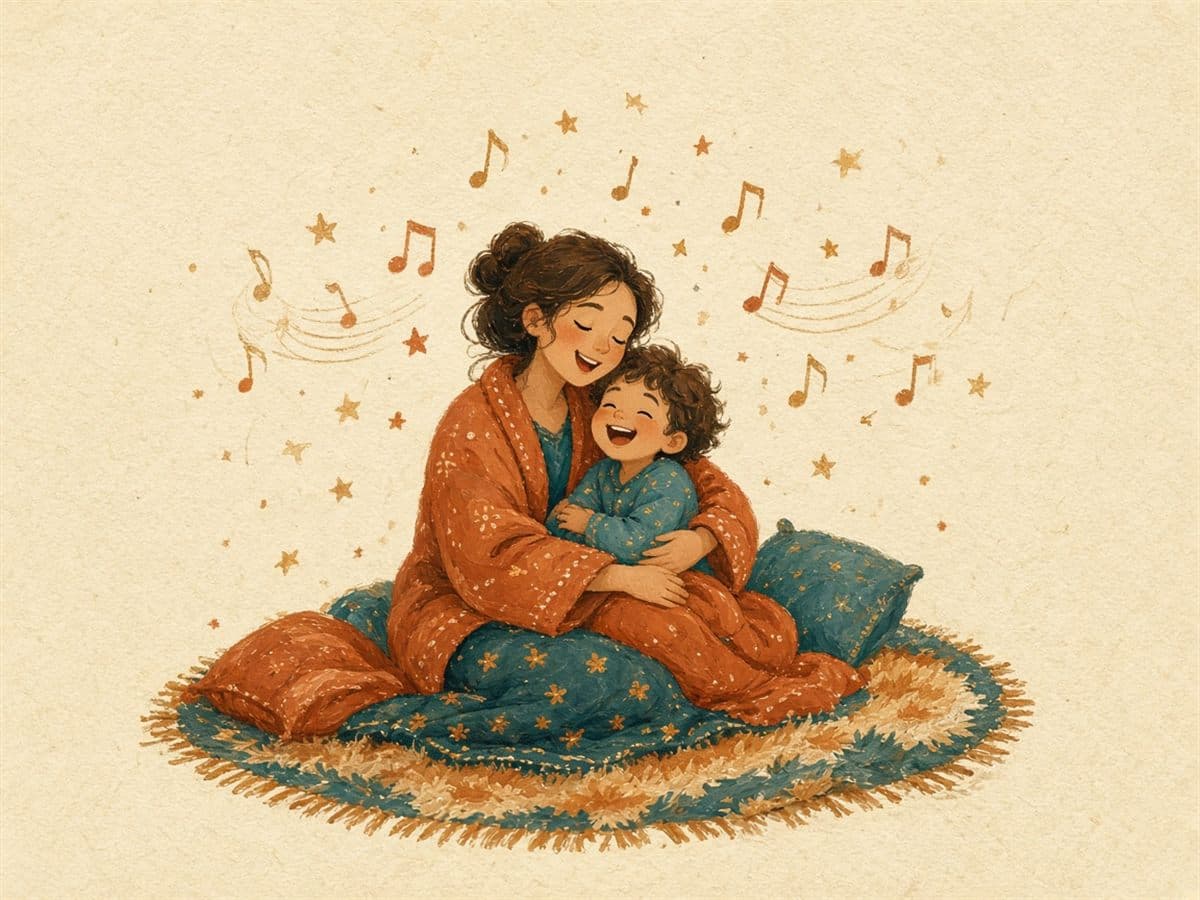 A parent and child singing together on a cozy rug, surrounded by music notes